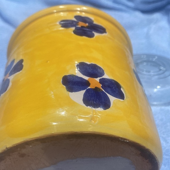 Lamas Pottery Utensil Holder Crock Hand Made Italy 6x5.5” Yellow w/ Blue Flowers - Picture 3 of 9